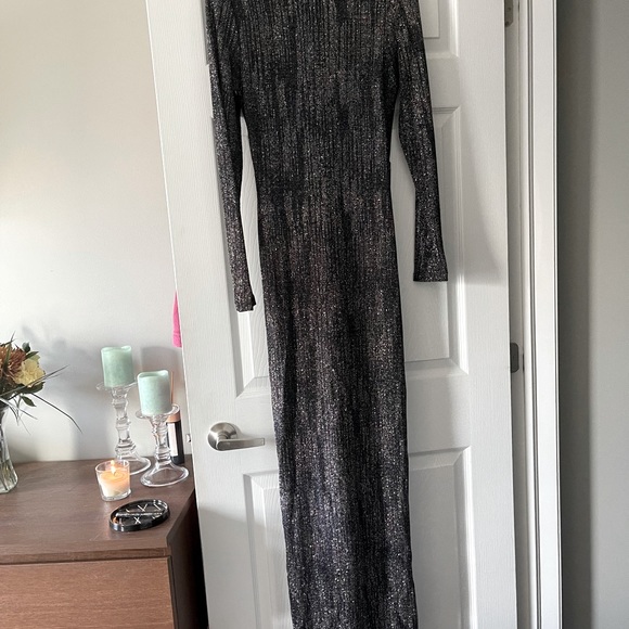 Marciano Long Black and Silver Glitter Gown With Middle Slit - Picture 4 of 4